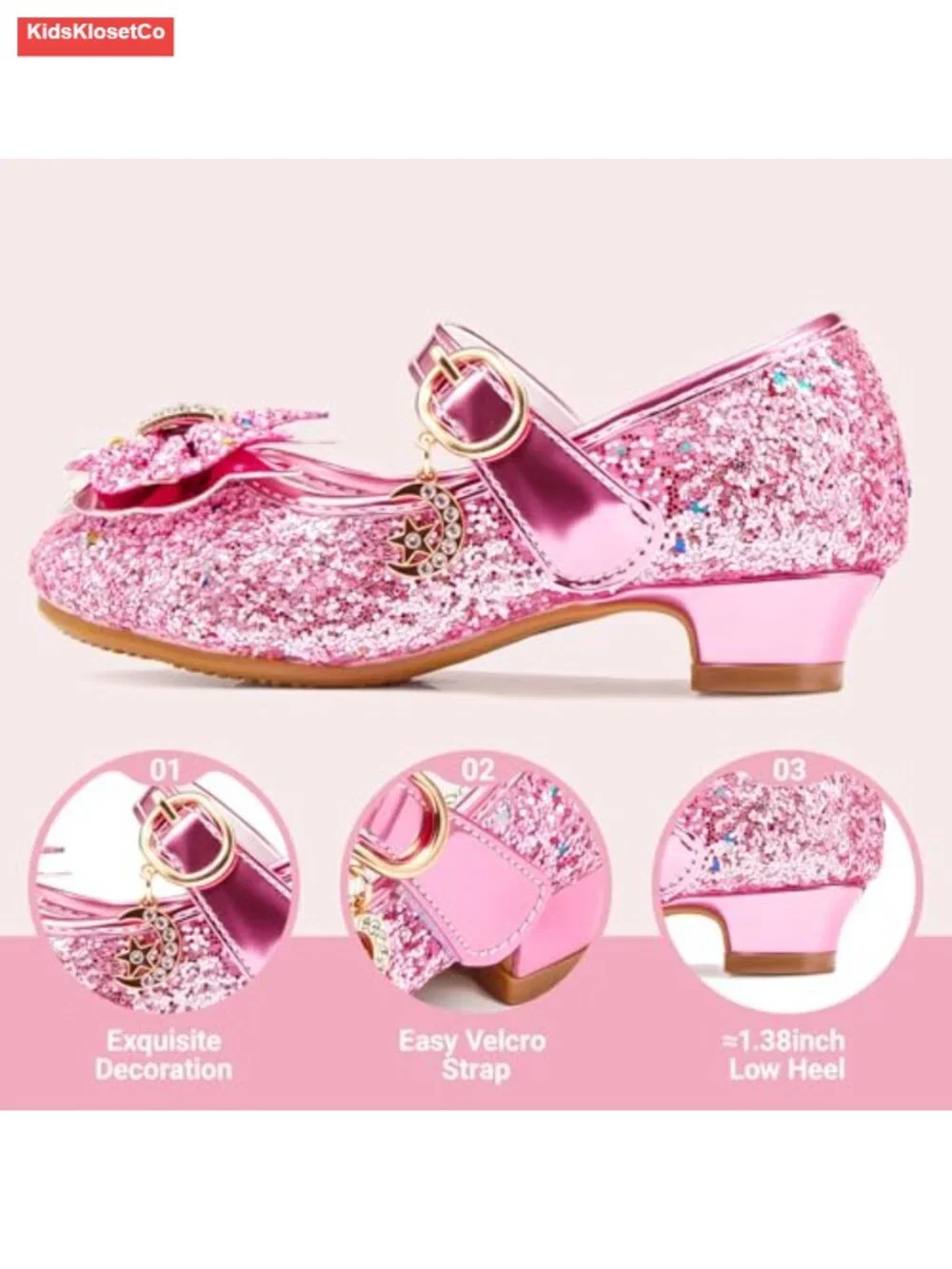 Glitter Princess Dress Shoes with Bow, Hook & Loop Closure, Memory Foam Insole